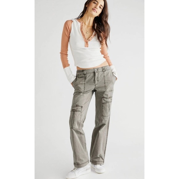 Free People Pants - Free People Cargo Pants Olive Green Wide Leg Utility Trousers Women's 10 READ